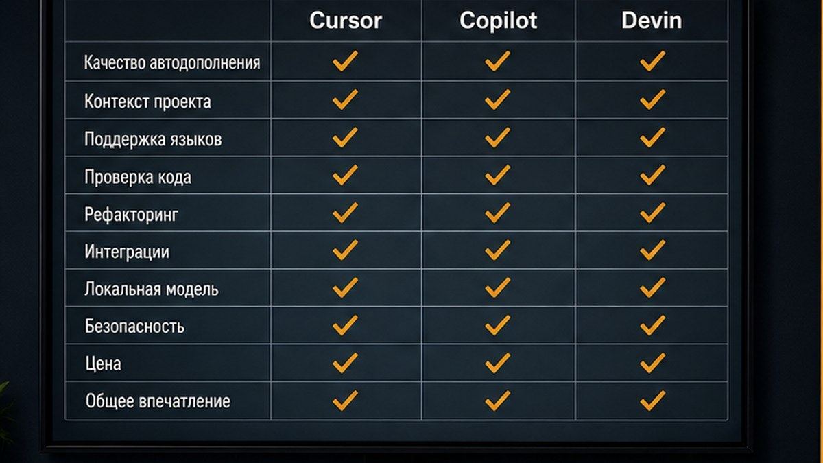 Таблица сравнения Cursor, Copilot и Devin Desktop по сценариям