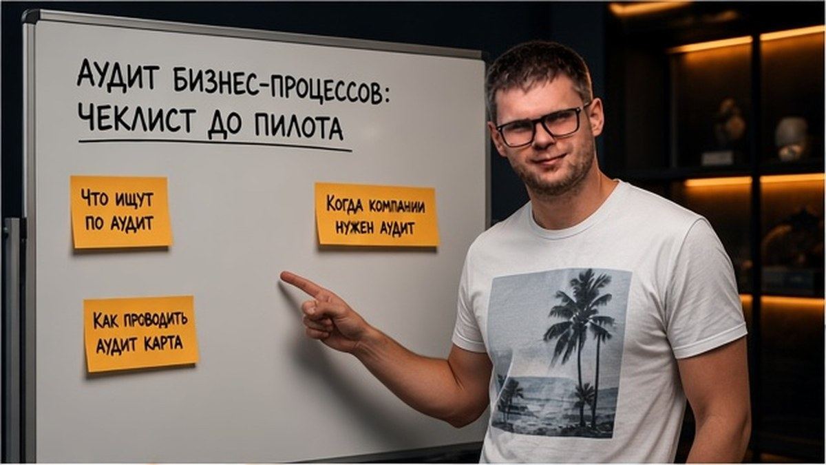 Пётр Пашкуров у доски с картой as-is одного бизнес-контура до пилота автоматизации