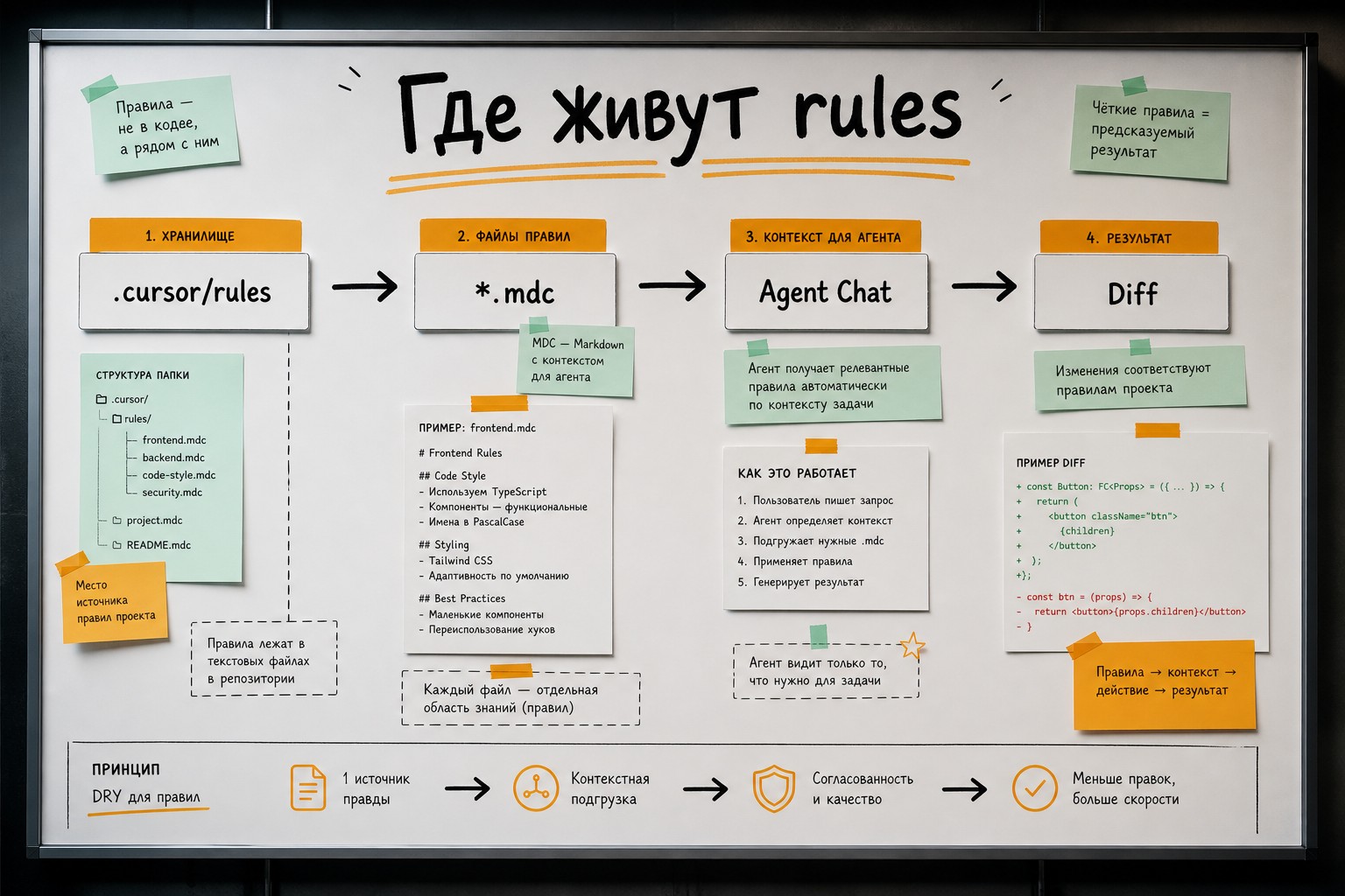Схема уровней и форматов Cursor Rules: Team, Project, User и AGENTS.md