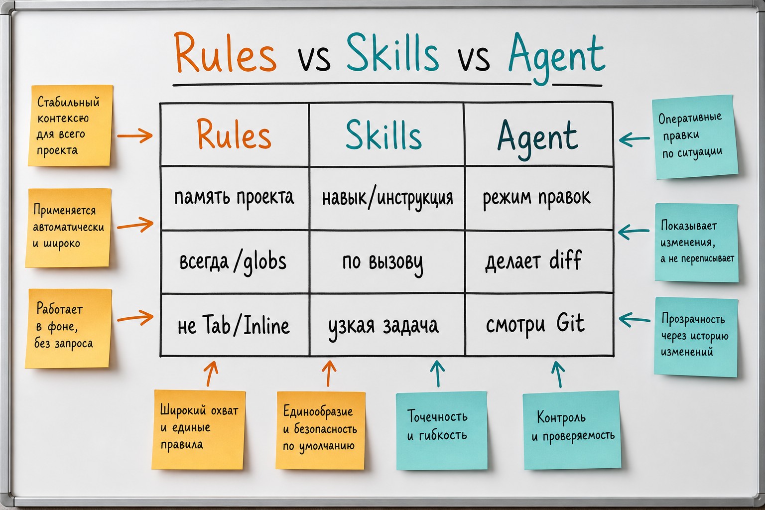 Сравнительная таблица Cursor Rules, Skills и Agent mode