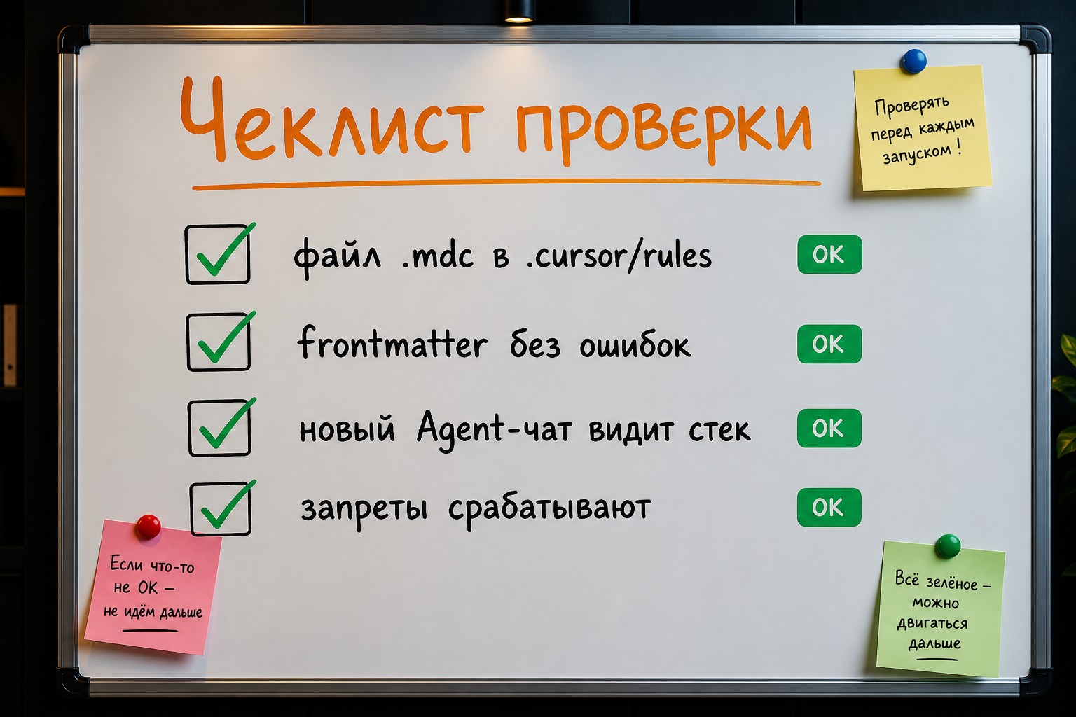 Чек-лист проверки Cursor Rules в интерфейсе Customize → Rules