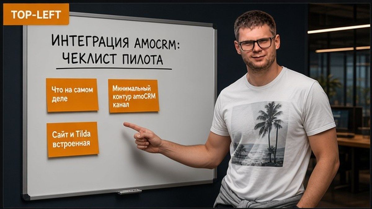 Пётр у доски с чеклистом пилота интеграции amoCRM