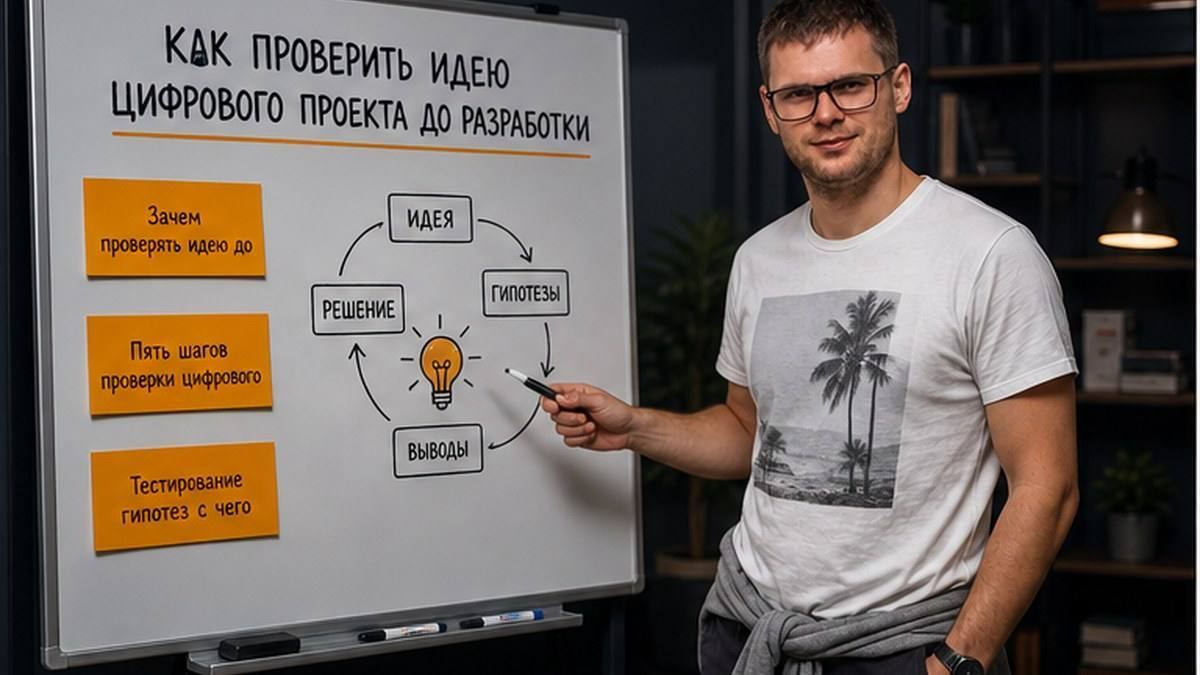 Обложка гайда: проверка идеи цифрового проекта до разработки — гипотеза, интервью и Lean canvas