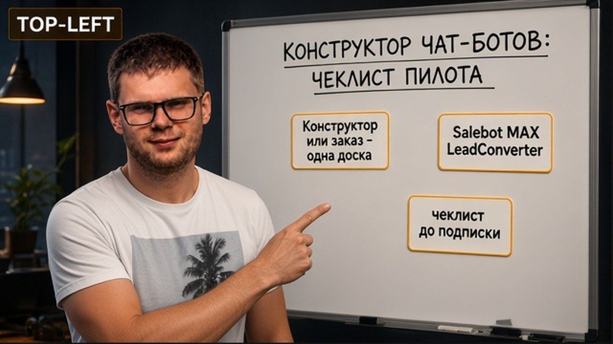 Пётр Пашкуров у доски сравнивает конструктор чат-ботов, заказ и пилот одного сценария до подписки