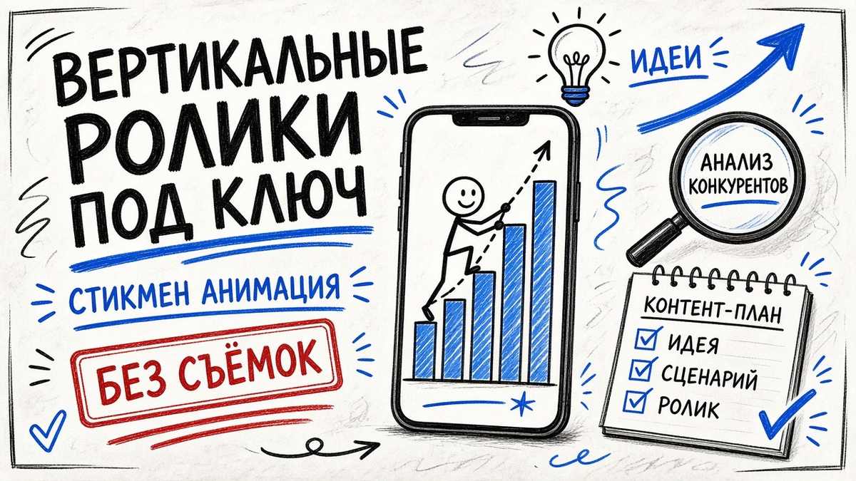 Стикмен на белой доске внутри смартфона — вертикальные ролики под ключ без съёмок