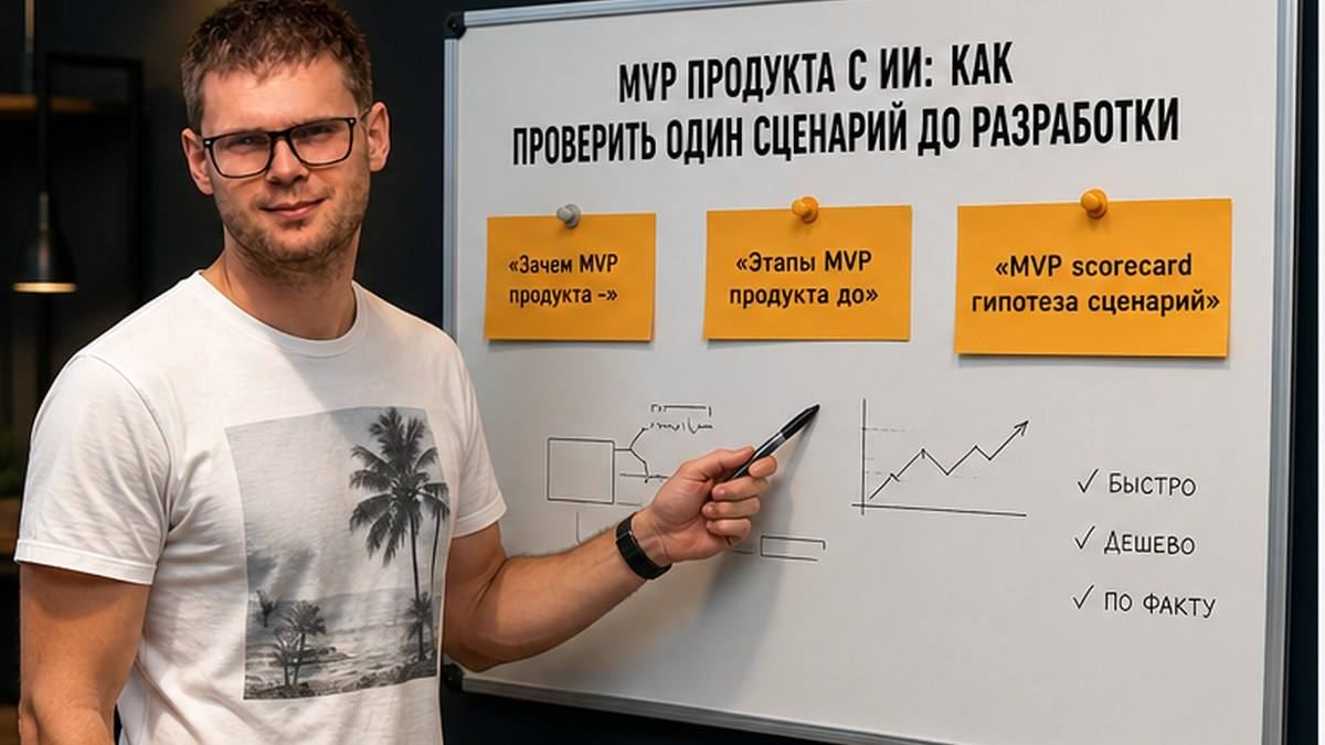 Пётр у доски с заголовком про MVP продукта и один сценарий до разработки