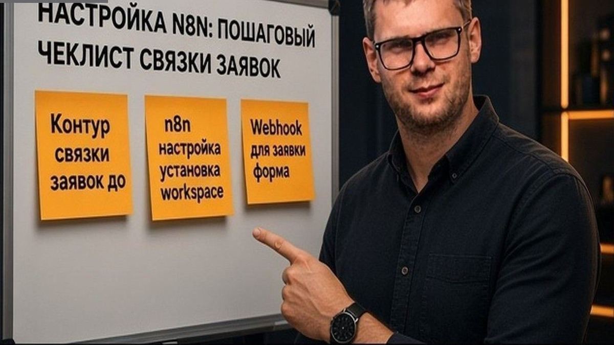 Пётр Пашкуров у экрана со схемой n8n: webhook, Telegram Trigger и строка учёта заявки