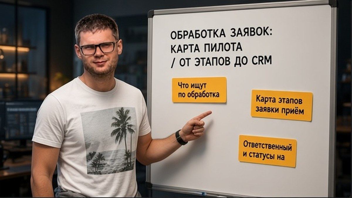 Пётр Пашкуров у доски с картой этапов обработки заявок от приёма до CRM