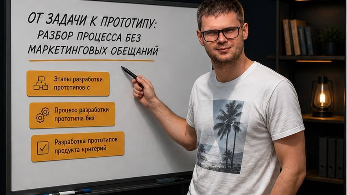 Пётр у доски с этапами от задачи к прототипу и чеклистом без маркетинговых обещаний