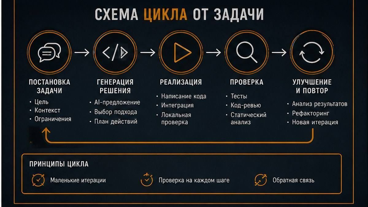 Схема шести этапов AI-кодинга от контекста до документирования