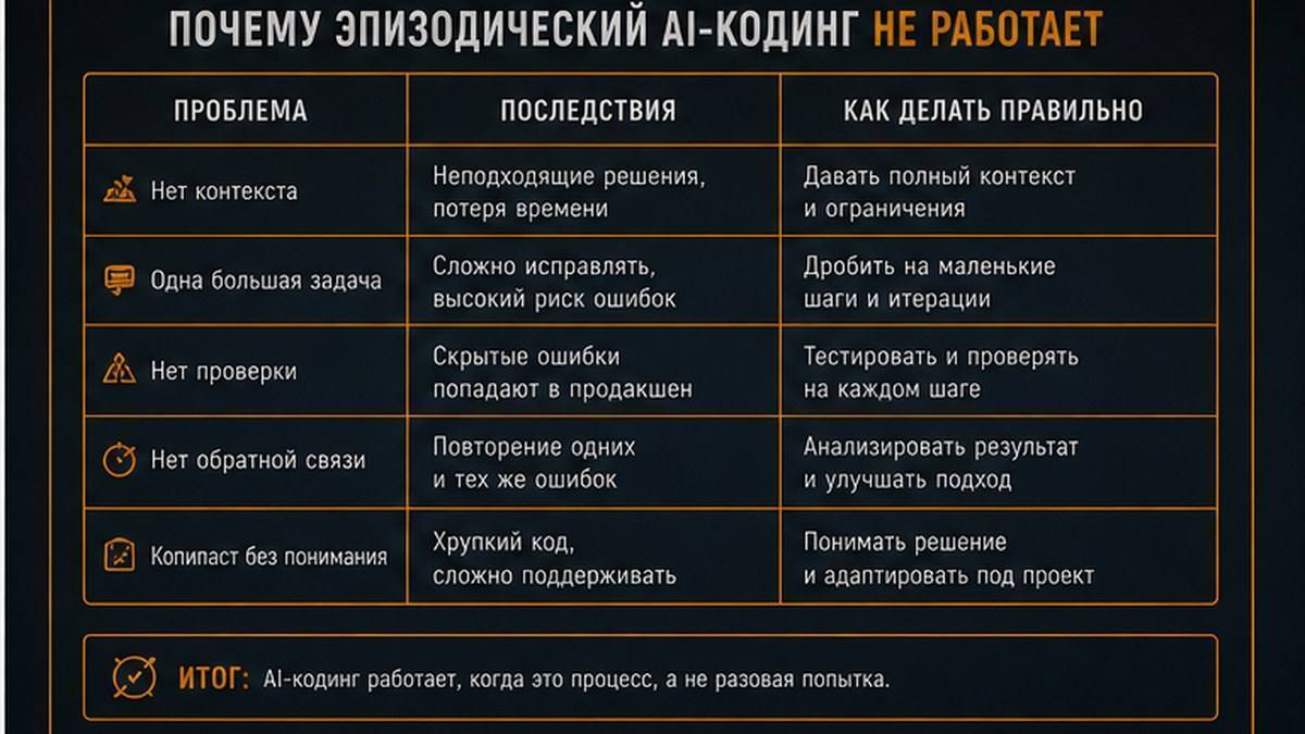 Таблица типовых ошибок AI-кодинга и способов исправления