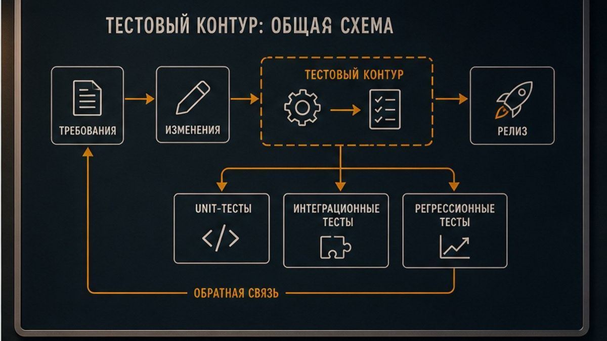 Схема: тестовый контур от diff к локальной проверке и CI на PR