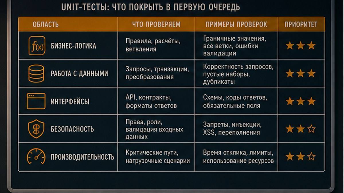 Матрица приоритетов unit-тестов: деньги, данные клиента, контракты API