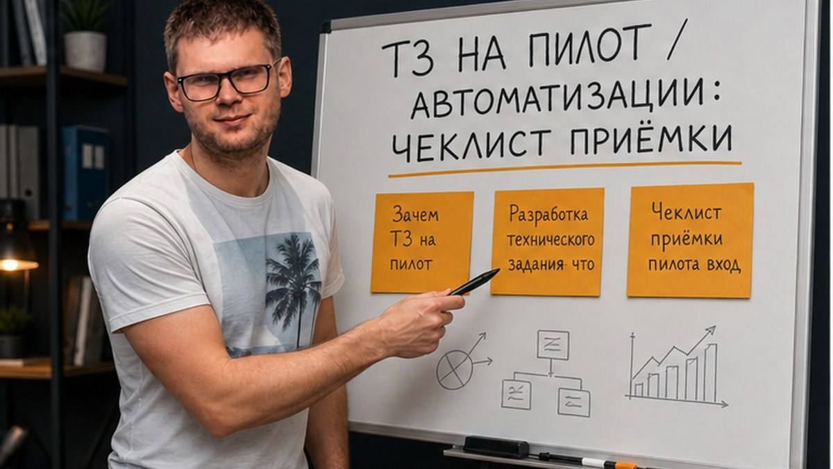 Пётр у доски указывает на заголовок ТЗ на пилот автоматизации и стикеры чеклиста приёмки