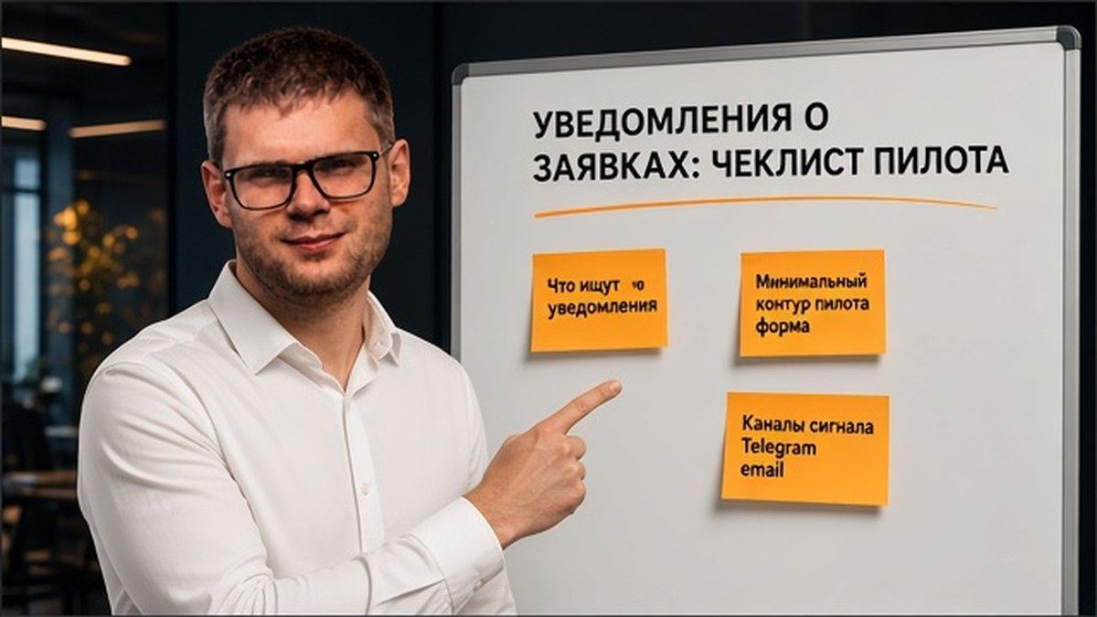 Пётр Пашкуров с телефоном и схемой «форма - уведомление - строка учёта» на доске