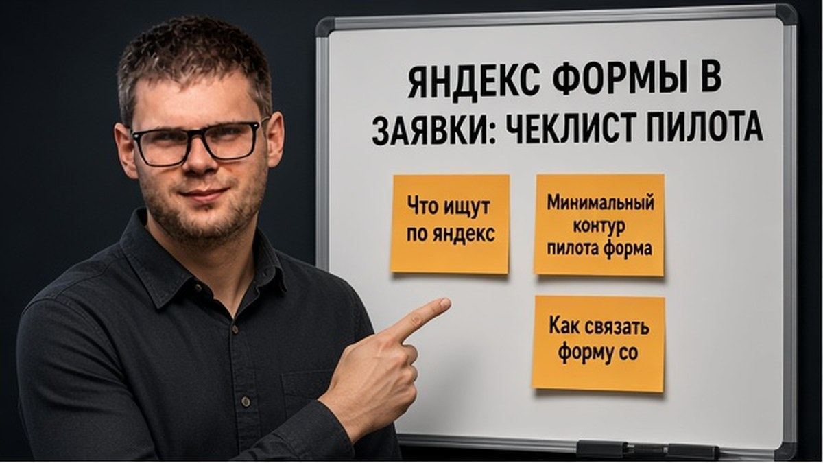 Пётр Пашкуров у доски с чеклистом пилота «Яндекс Формы в заявки»
